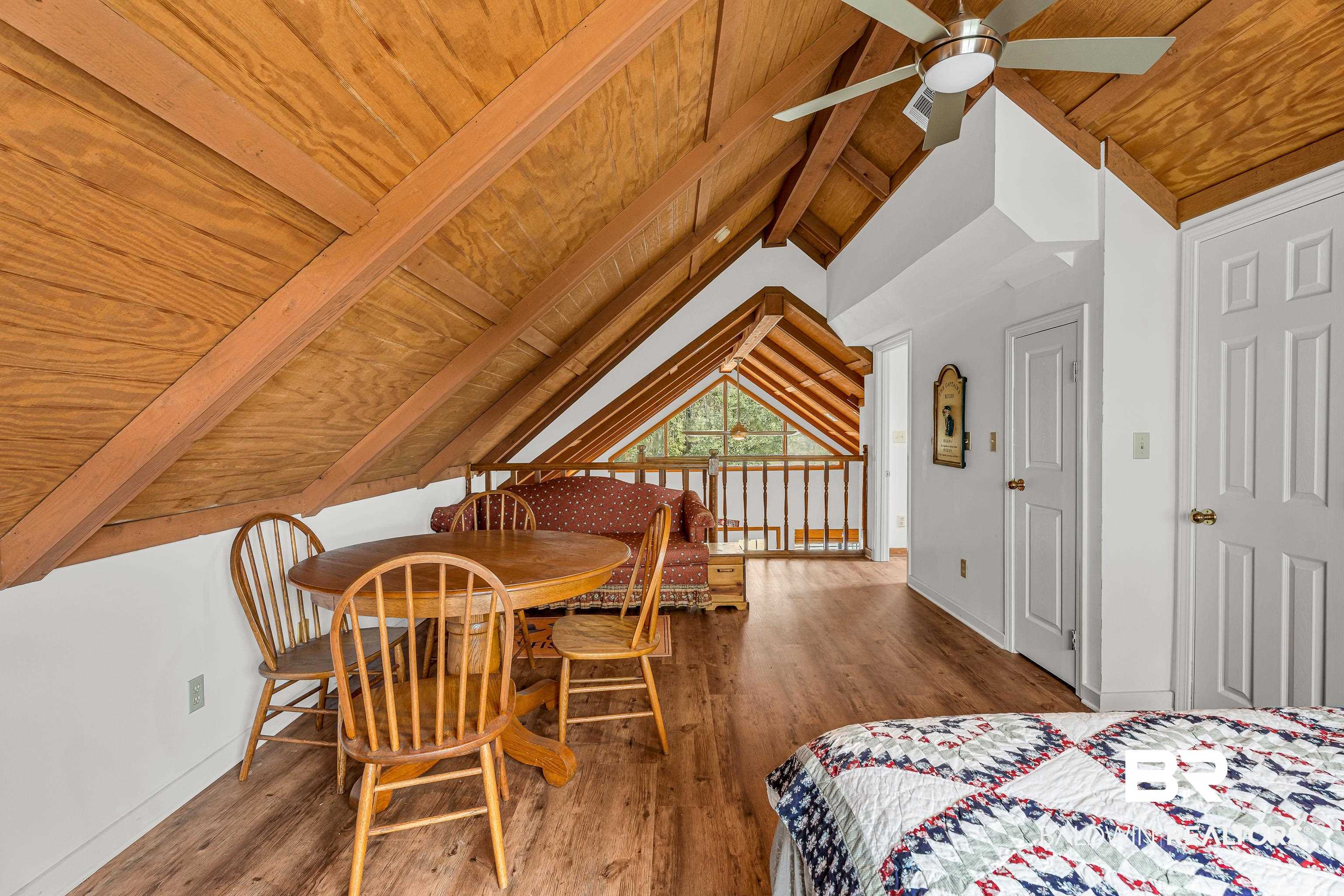 8317 Bryant's Lndg Road Stockton, AL 36579 - Photo 22 of 28 Bedroom featuring wooden ceiling, wood finished floors, and ceiling fan
