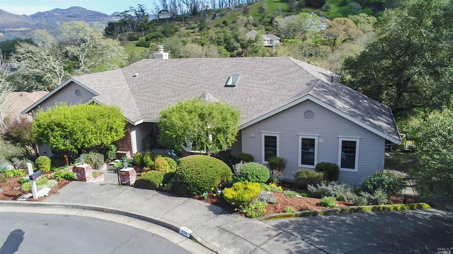 a aerial view of a house with a yard and potted plants
