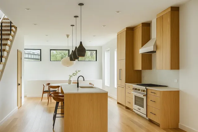 a kitchen with stainless steel appliances a stove a sink and a refrigerator