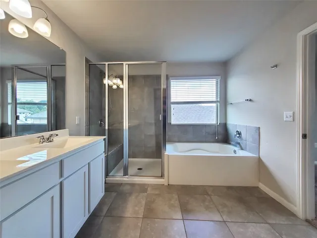 a bathroom with a bathtub sink and mirror