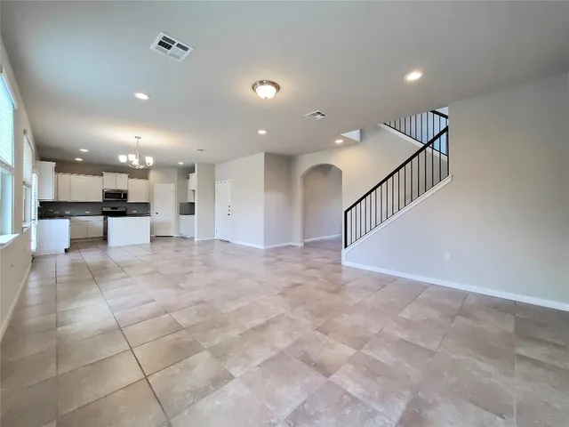 a view of kitchen with a window and a counter top space
