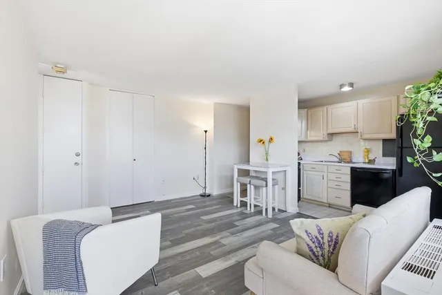 a living room with furniture and a view of kitchen