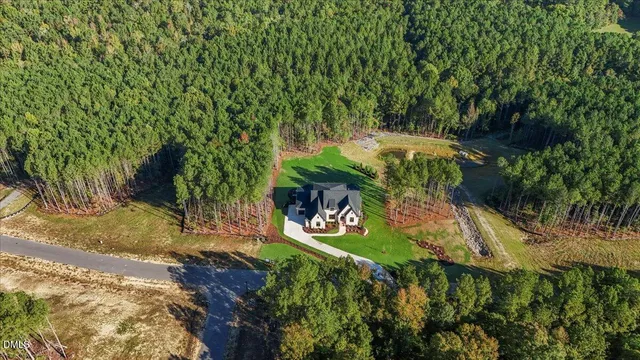 a aerial view of a house with a big yard and potted plants