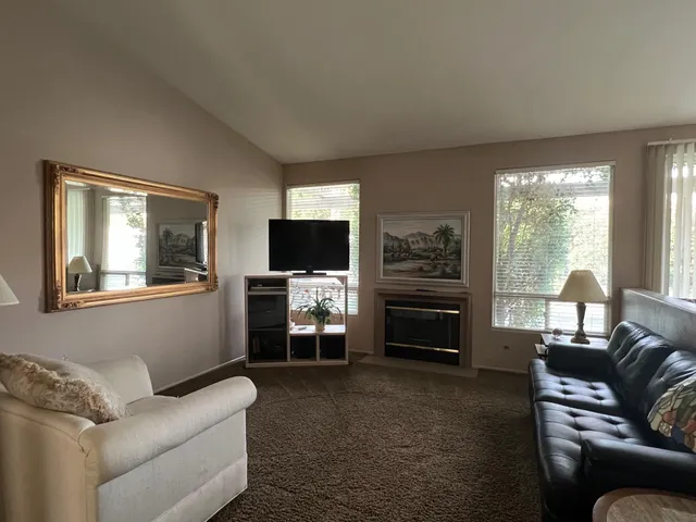 a living room with furniture a flat screen tv and a fireplace
