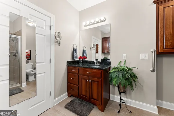 a bathroom with a granite countertop sink a potted plant and a shower