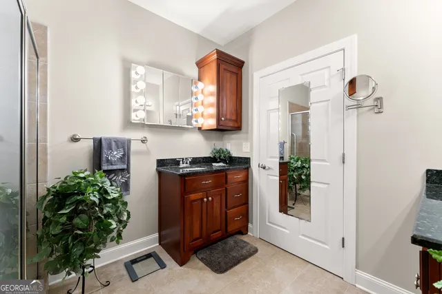 a room with a potted plant on a counter and a potted plant