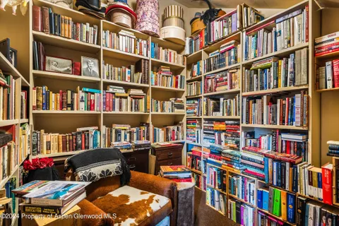 a living room with a book shelf and a book shelf