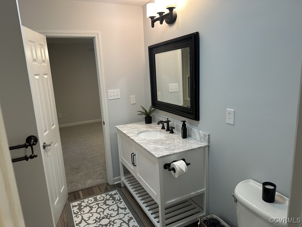 3023 Gregwood Road Midlothian, VA 23112 - Photo 8 of 17 a bathroom with a sink a toilet a mirror and shower