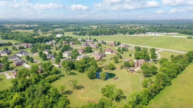 an aerial view of residential houses with outdoor space and trees