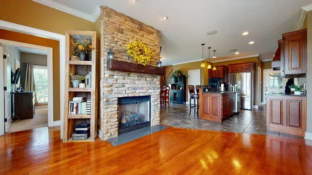 a living room with furniture and a fireplace