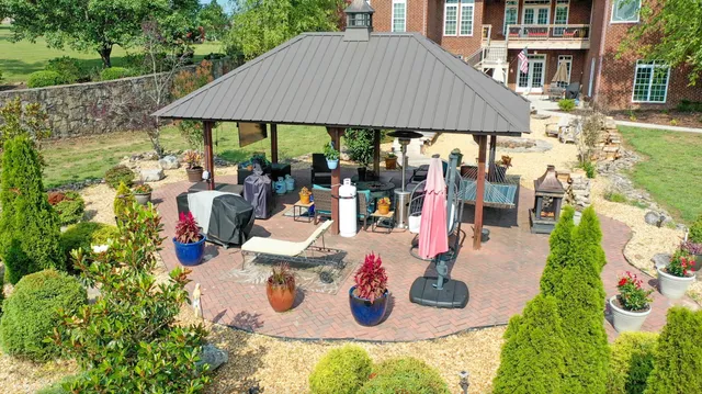 an outdoor space with seating