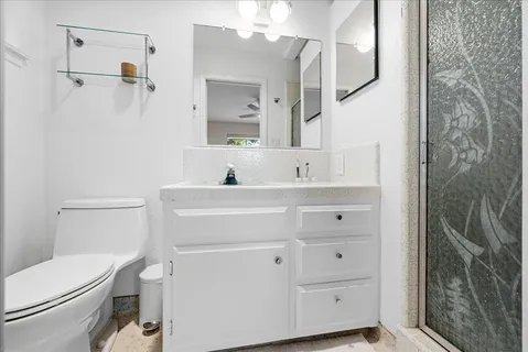 a bathroom with a sink a toilet a vanity and mirror