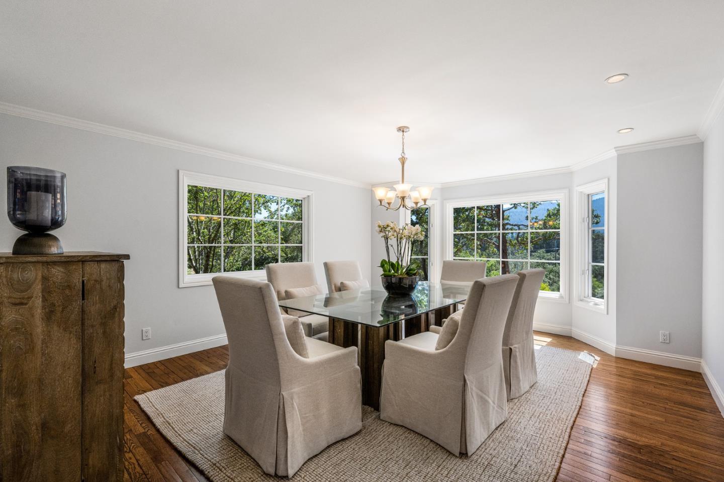 1585 Canada Lane Woodside, CA 94062 - Photo 16 of 46 a view of a dining room with furniture window and outside view