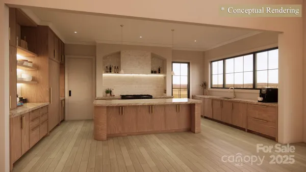 a large kitchen with stainless steel appliances a large counter top a stove a sink and a refrigerator