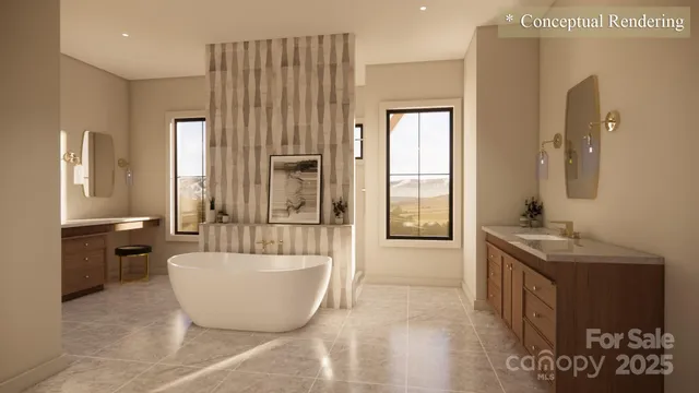 a spacious bathroom with a tub sink and mirror