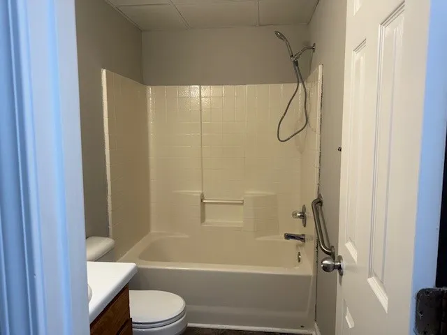 a bathroom with a toilet and a bath tub