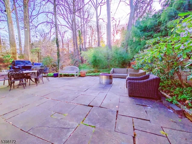 a view of a patio with table and chairs potted plants and a large tree