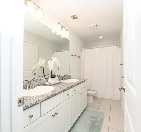a bathroom with a granite countertop sink a toilet and a mirror