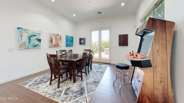 a view of a dining room with furniture