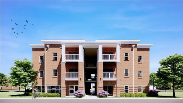 front view of a building with a street