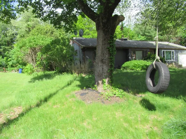 a view of a house with a yard and a large tree