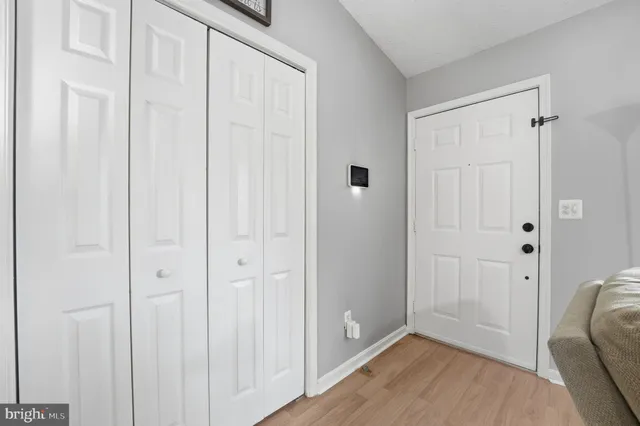 a view of a bathroom with wooden floor