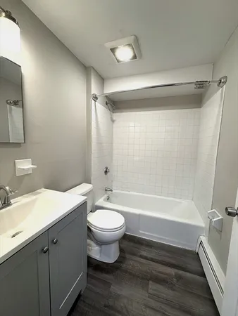 a bathroom with a sink mirror toilet and bathtub