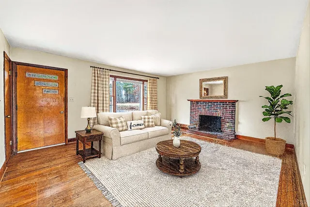 a living room with furniture a fireplace and a potted plant