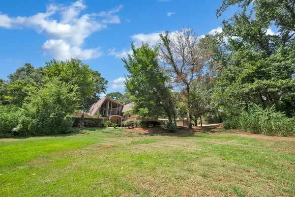 a backyard of a house with a large tree