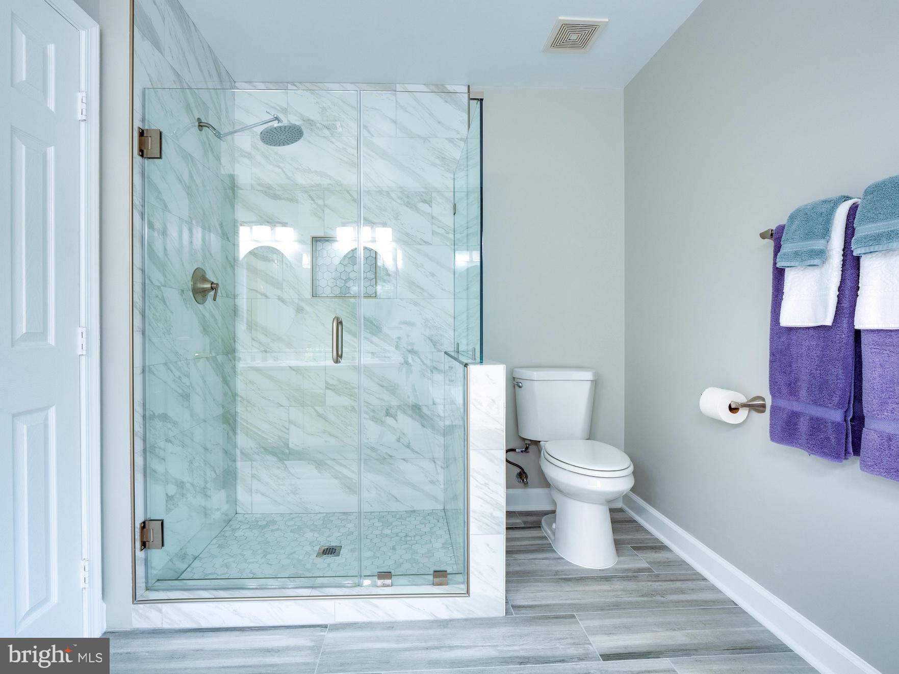 Owner's shower w/marblized +hex tile niche & floor