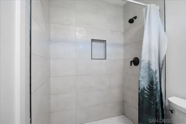 a bathroom with a shower and toilet