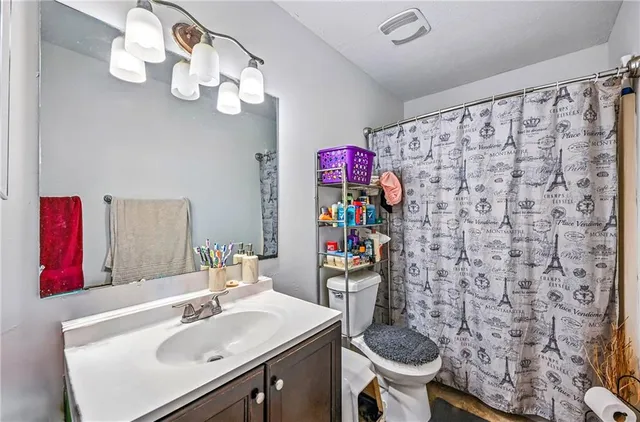 a bathroom with a sink a toilet and a mirror