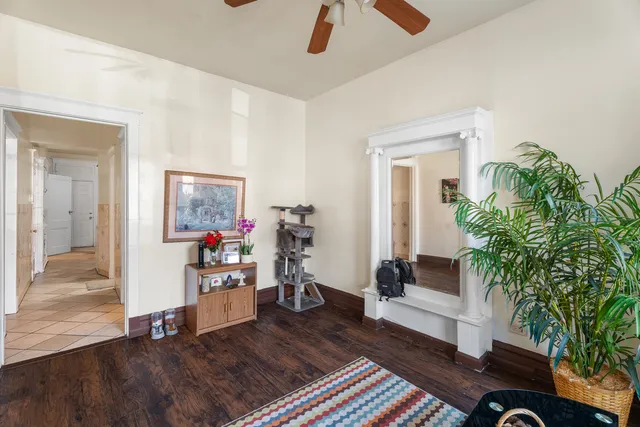 a living room with furniture and a potted plant