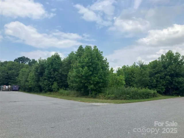 a view of a field with trees in background