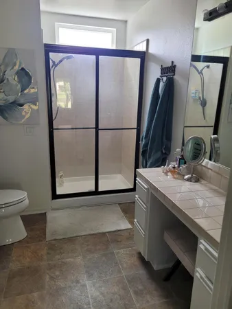 a bathroom with a sink a toilet and mirror
