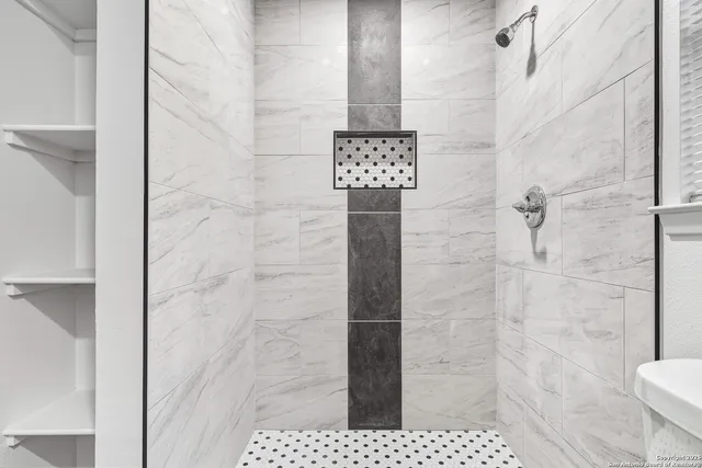 a bathroom with a shower and a toilet