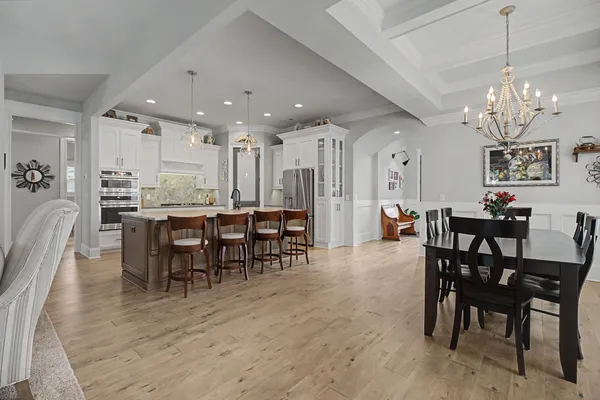 a view of a dining room with furniture