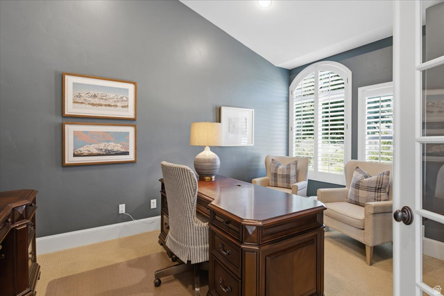 1257 Rigby Road Kaysville, UT 84037 - Photo 8 of 55 Office space featuring vaulted ceilings, a prominent arched window, and shaker-style plantation shutters