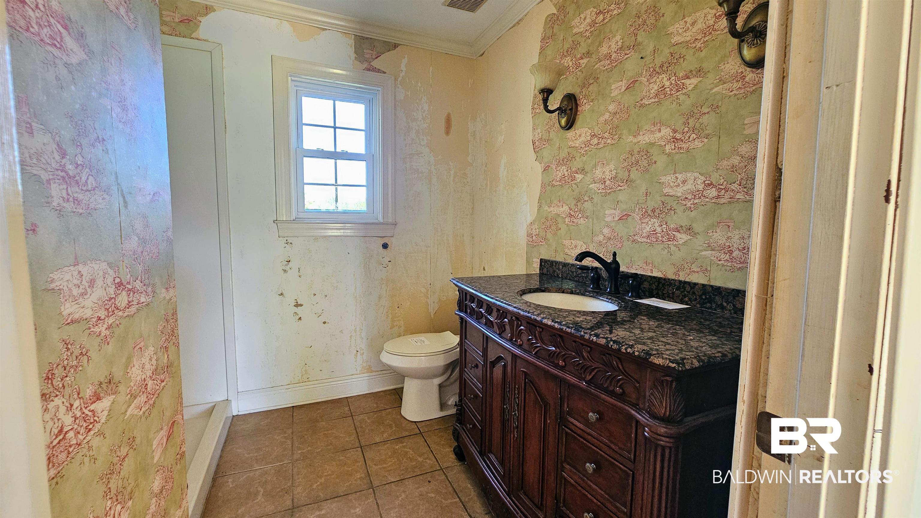 18824 Highway 41 Brewton, AL 36426 - Photo 23 of 40 Bathroom featuring a vanity with an integrated sink, a dark countertop, and a window with natural light