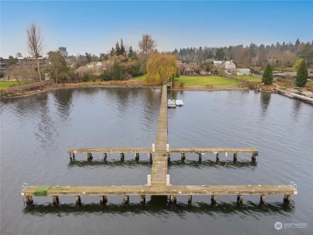 an aerial view of a house with a lake view