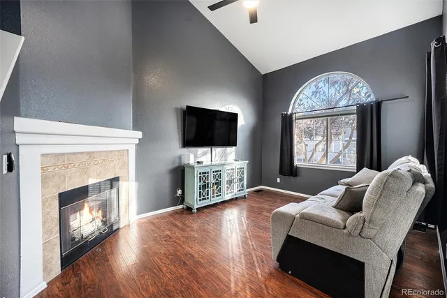 a living room with furniture a fireplace and a flat screen tv