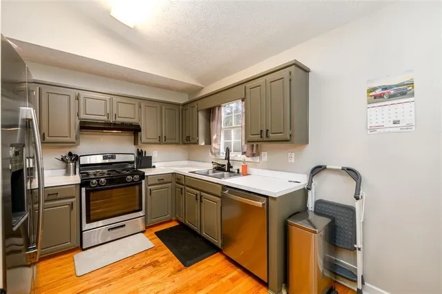 a kitchen with a sink stove and refrigerator