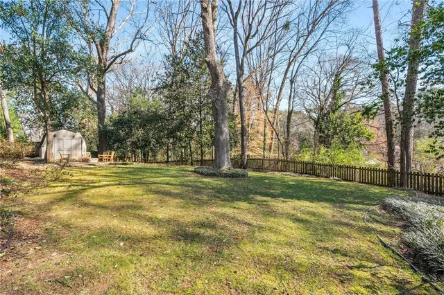 a view of a park with large trees