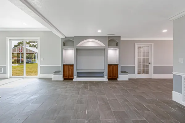 a view of a room with racks on the wall