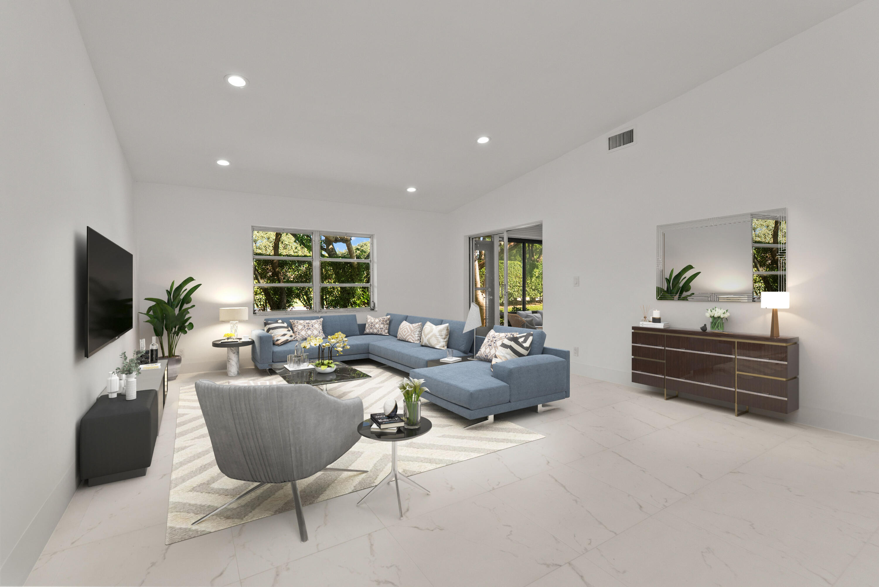 8273 Springtree Road Boca Raton, FL 33496 - Photo 2 of 36 a living room with furniture a flat screen tv and a large window