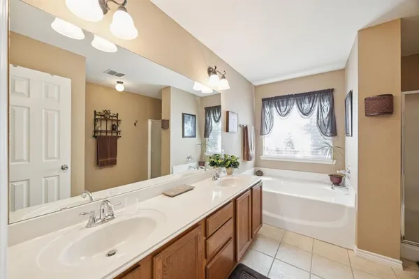 a bathroom with a bathtub shower sink and a mirror