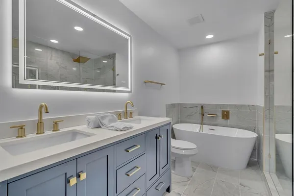 a bathroom with a double vanity sink mirror and toilet