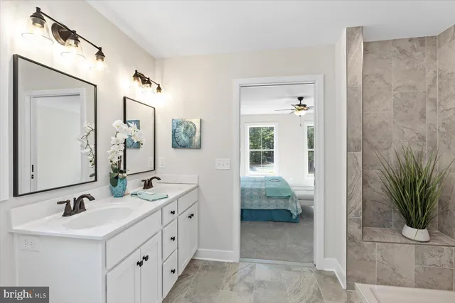 a bathroom with a double vanity sink and a mirror