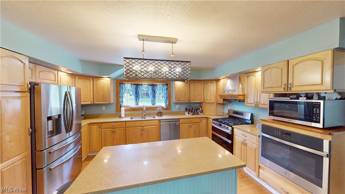 290 McIntosh Road Chester, WV 26034 - Photo 2 of 43 Kitchen featuring premium range hood, a kitchen island, stainless steel appliances, light hardwood / wood-style floors, and sink