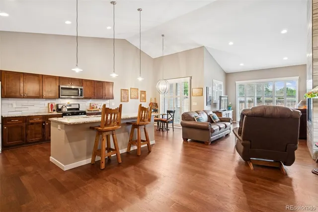 a living room with couches a kitchen counter space a sink and appliances